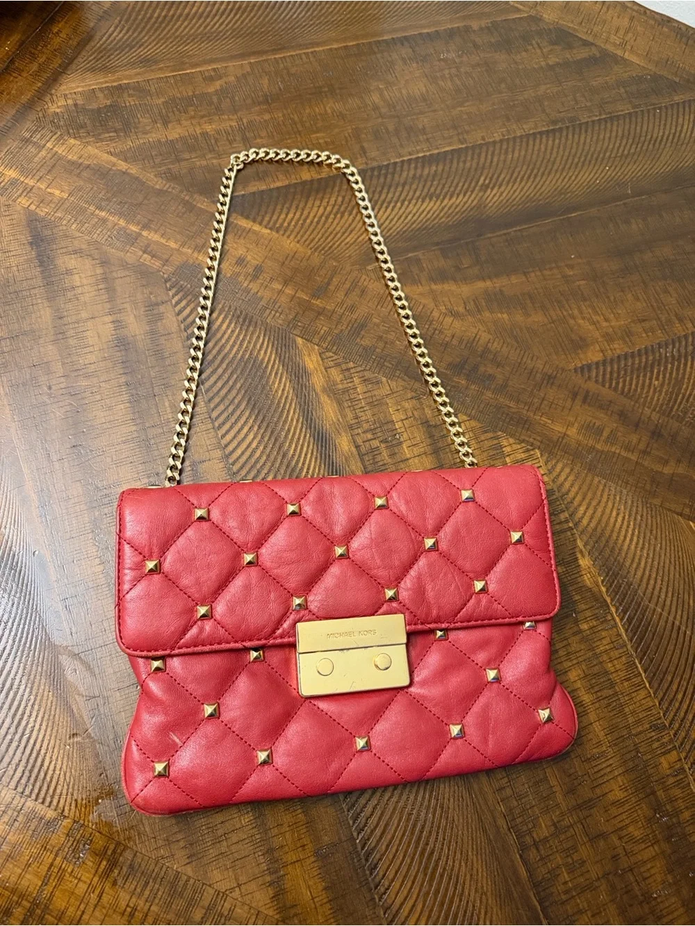Michael Kors Red Quilted Stud Chain Shoulder Bag with Gold Hardware